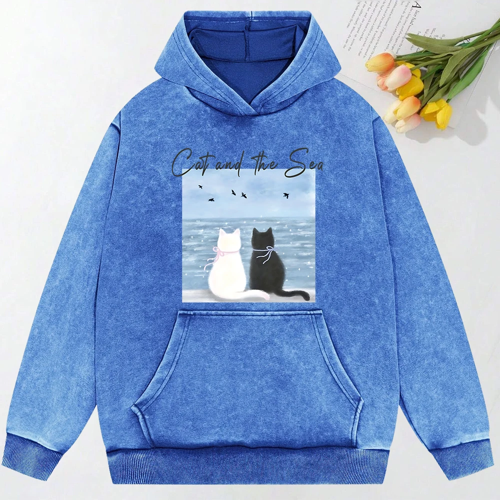 ملصق Cat And The Sea مطبوع عليه هوديس نسائي مغسول، ملابس رياضية فضفاضة، ملابس ناعمة مريحة، هوديي قطني قابل للتنفس