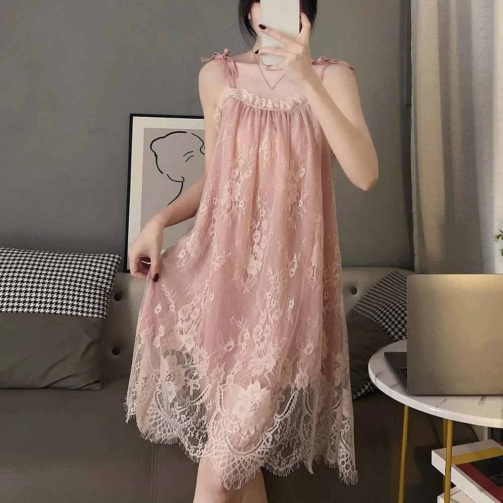 

Sweet Lace Flower Suspender Nightdress Thin Loose Female Sleepshirts Ruffled Edge Pajamas Women Nightgown Women