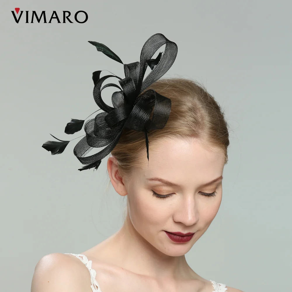 VIMARO Black Sinamay Fascinators for Women Elegant Fascinator Hats Millinery Fascynator Do Włosów Derby Hats Funeral Church Hat