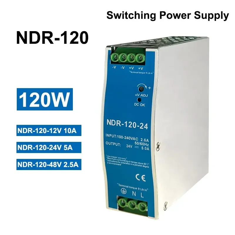 

12V 24V 48V NDR120W 100-120VAC/180-240VAC Industrial DIN Rail Mounted AC TO DC Single Output Switching Power Supply