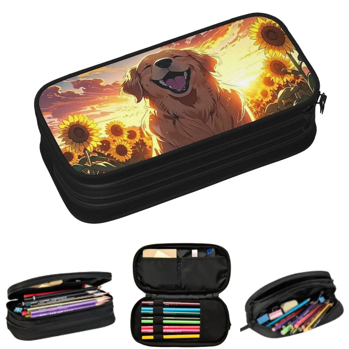 

Sunflower And Puppy Dog Oil Painting Pencil Cases for Student School Pen Box Pencil Bag Big Capacity Pencil Pouch