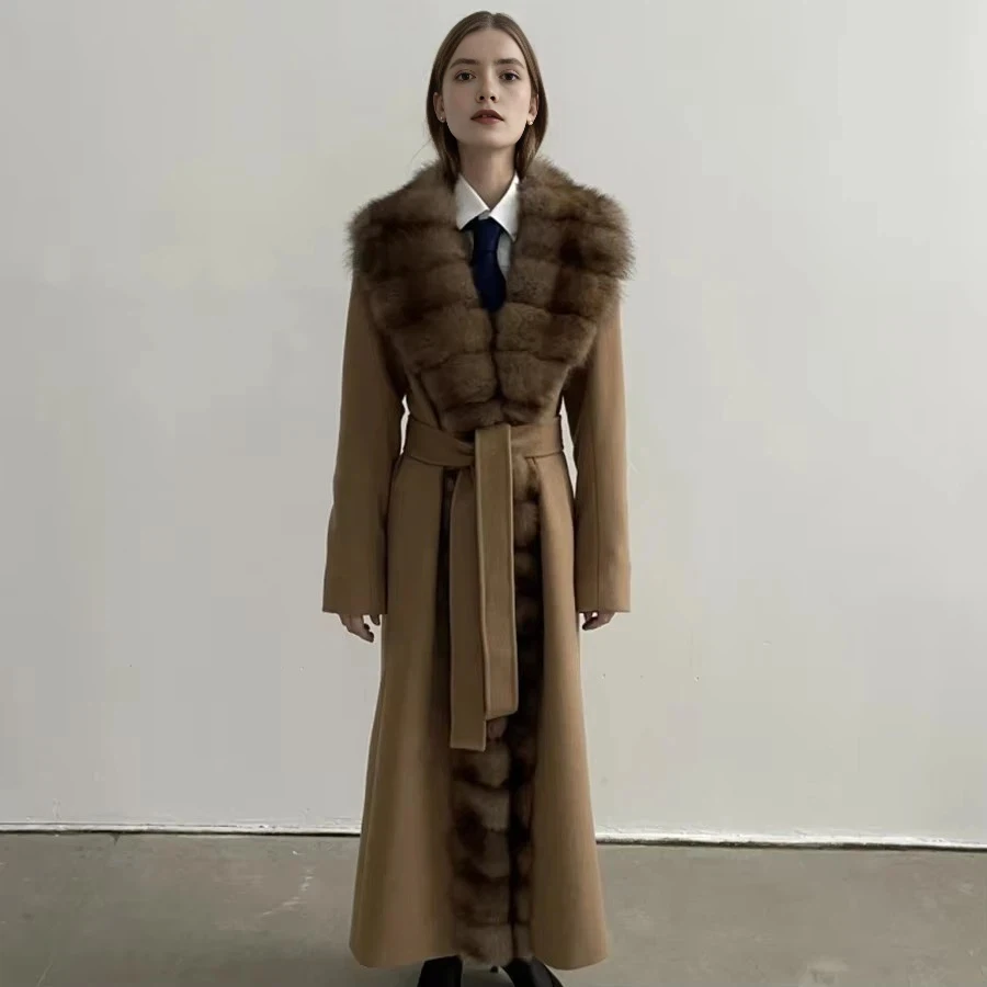 Long Cashmere Wool Coat With Collar Real Fox Fur Jacket Wool Trench Coats Luxury Women's Natural Wool Jacket