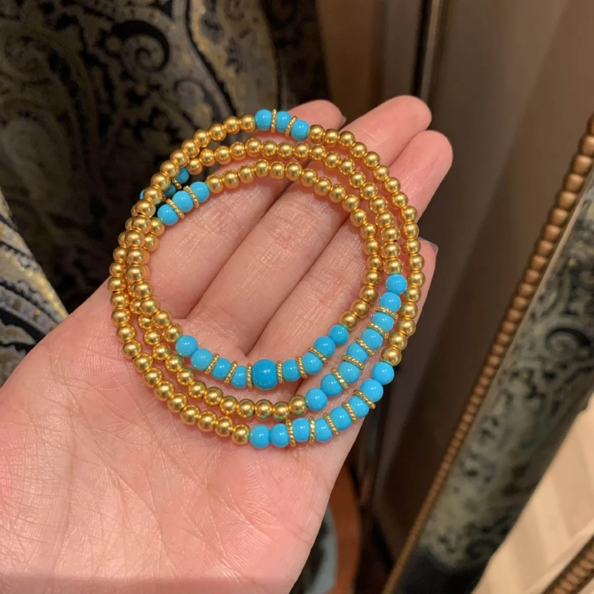 

Three Layer Imitation Turquoise Bracelet, Gold Beads Lucky Transfer, Convertible Necklace, Adjustable Unisex Couple Gift