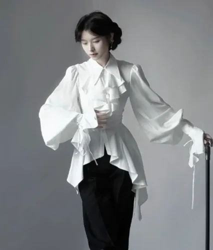 Camisa gótica de manga larga Lolita para Mujer, Blusas elegantes simples blancas que combinan con todo, Blusas ajustadas para principios de otoño 2025, Blusas para Mujer