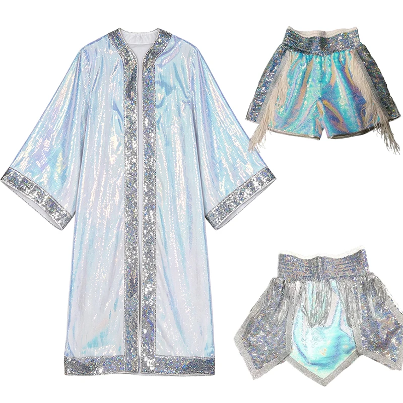 Professional Boxing Match Entrance Costume Set Holographic Iridescent Long Robe with Fringe Boxing Shorts Sparkly Sequin Outfit