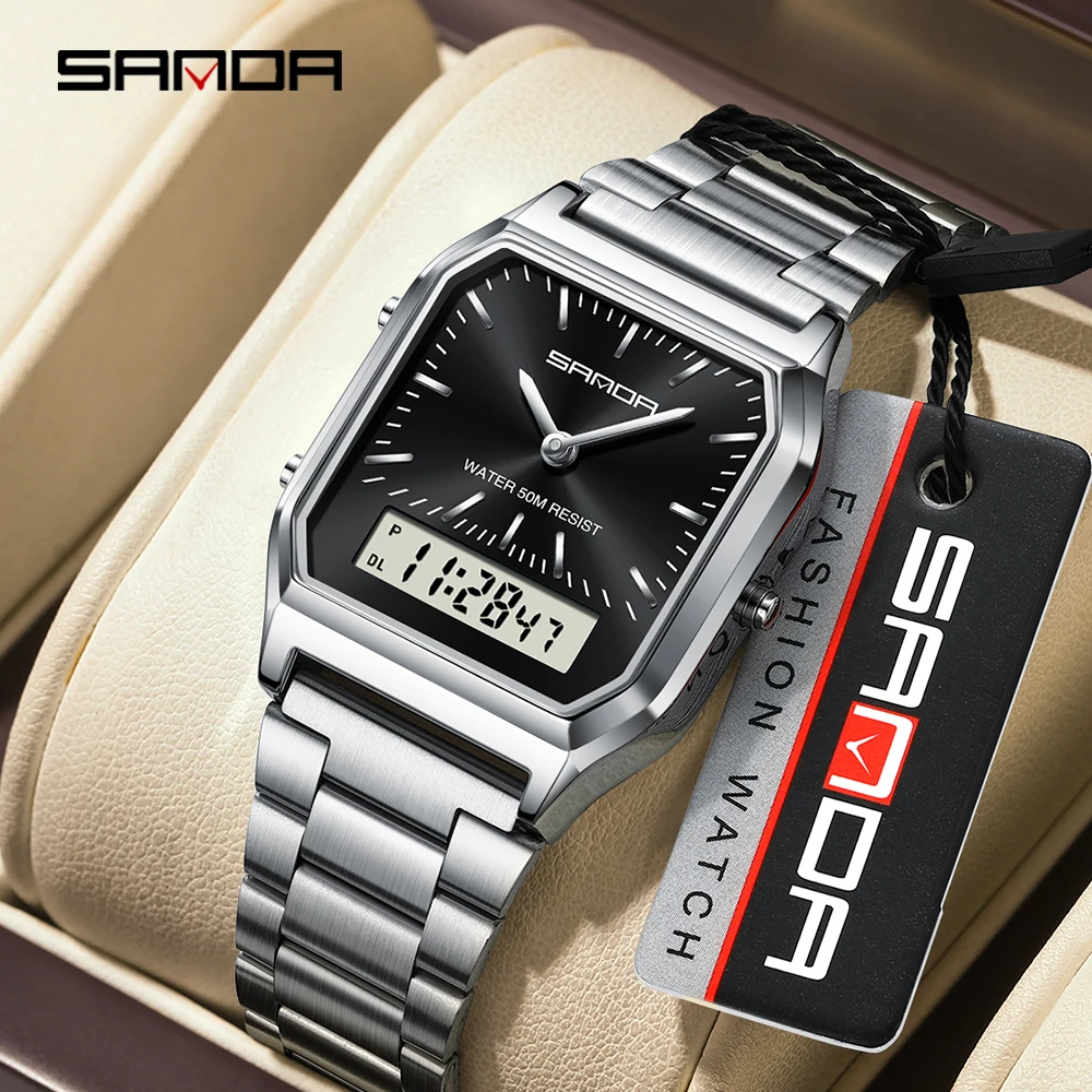 SANDA 747 Luxurious Top Artistic Style Watch Stainless Steel Women LED Digital Dual Display Unisex Waterproof Sport Quartz Watch