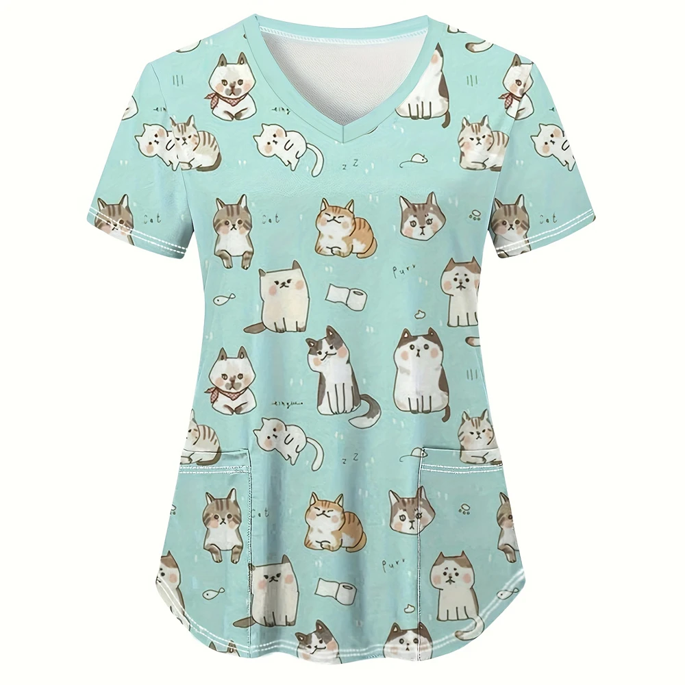 Хирургическая униформа с животным принтом, женская летняя женская одежда, модные женские хирургические скрабы, хирургические шапочки с лацканами, женские повседневные топы