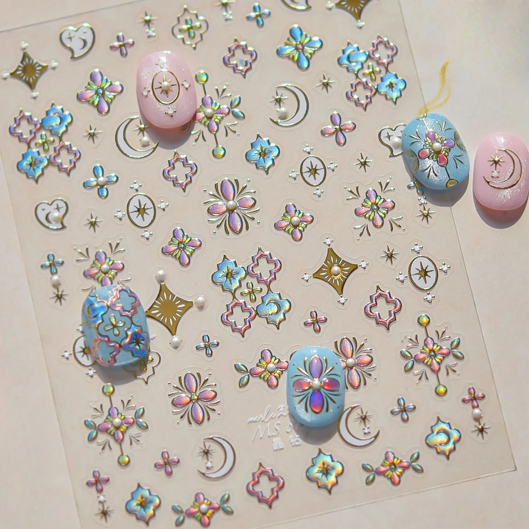 

Chic Figure Geometric Totem Moon Stars Flower Love Heart Sun Pink Blue Green White Adhesive Nail Art Stickers Manicure Decals