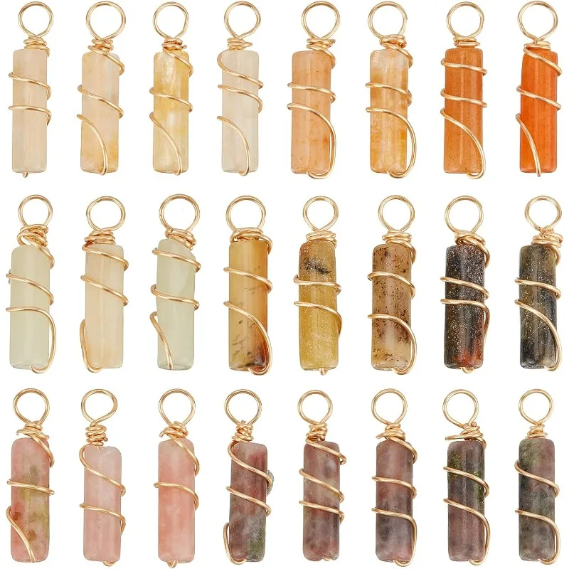 

24 Pcs 3 Styles Natural Stone Pendants Real 18K Gold Plated Wire Wrapped Pendants Jade & Plum Blossom Jade Column Pendant