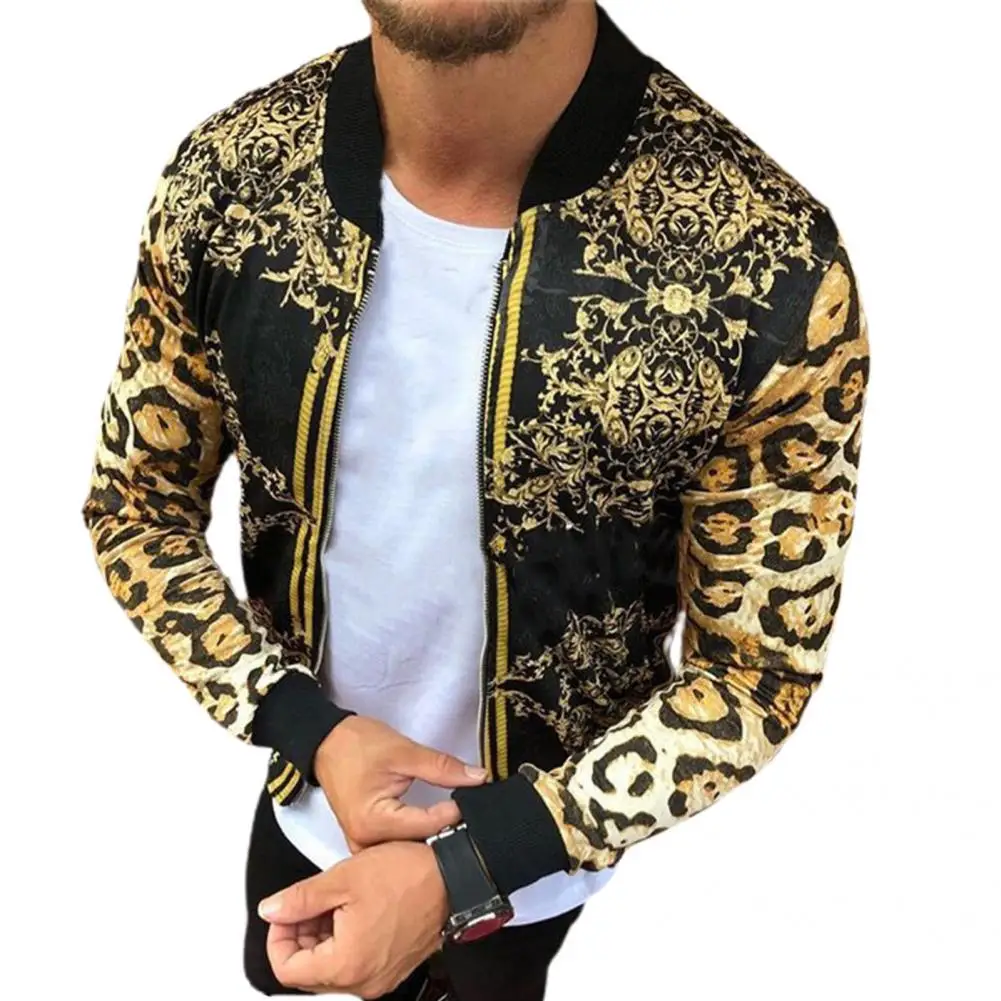 

Cool Autumn Coat European Style Long Sleeve Round Neck Men Leopard Print Zipper Coat Stylish Winter Coat All Match