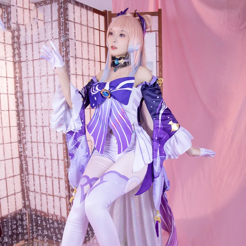 Anime Genshin Impact Cosplay Traje, Peruca Sangonomiya Kokomi, Bodysuit completo, Terno Cos apertado, Traje feminino de Halloween