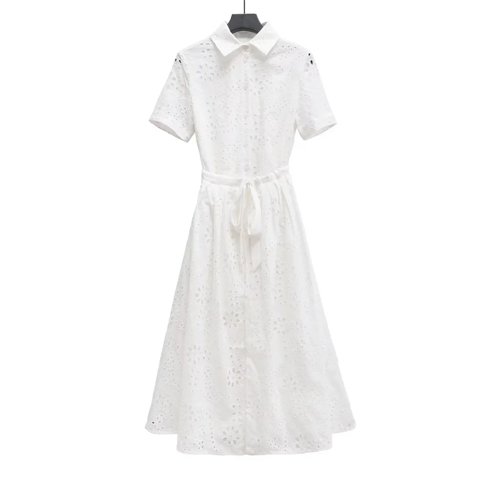 

New 2025 Spring Summer New Womens Dress Slim Fit Waist Embroidery Design Turn Down Collar Simple Versatile Long Dress