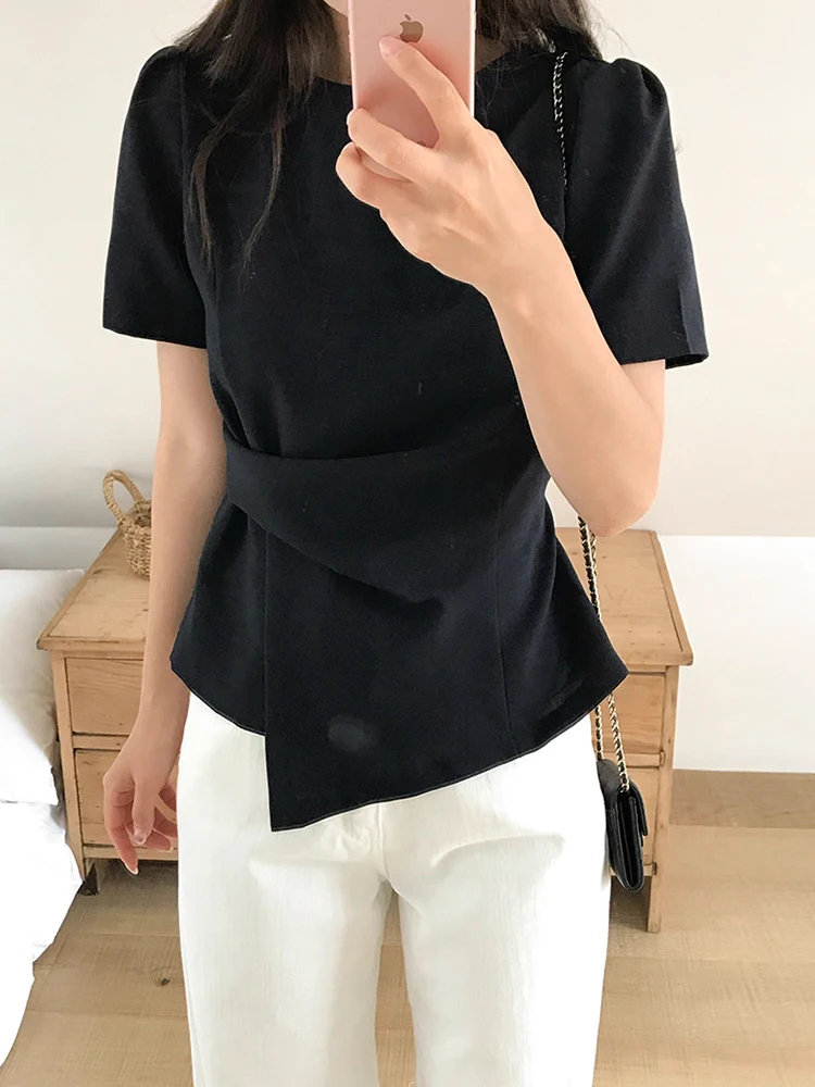 

Slim Fit ort Sve irt Women's Summer New Vintage Pure Color Folded Irregular Korean Sle Commute irt