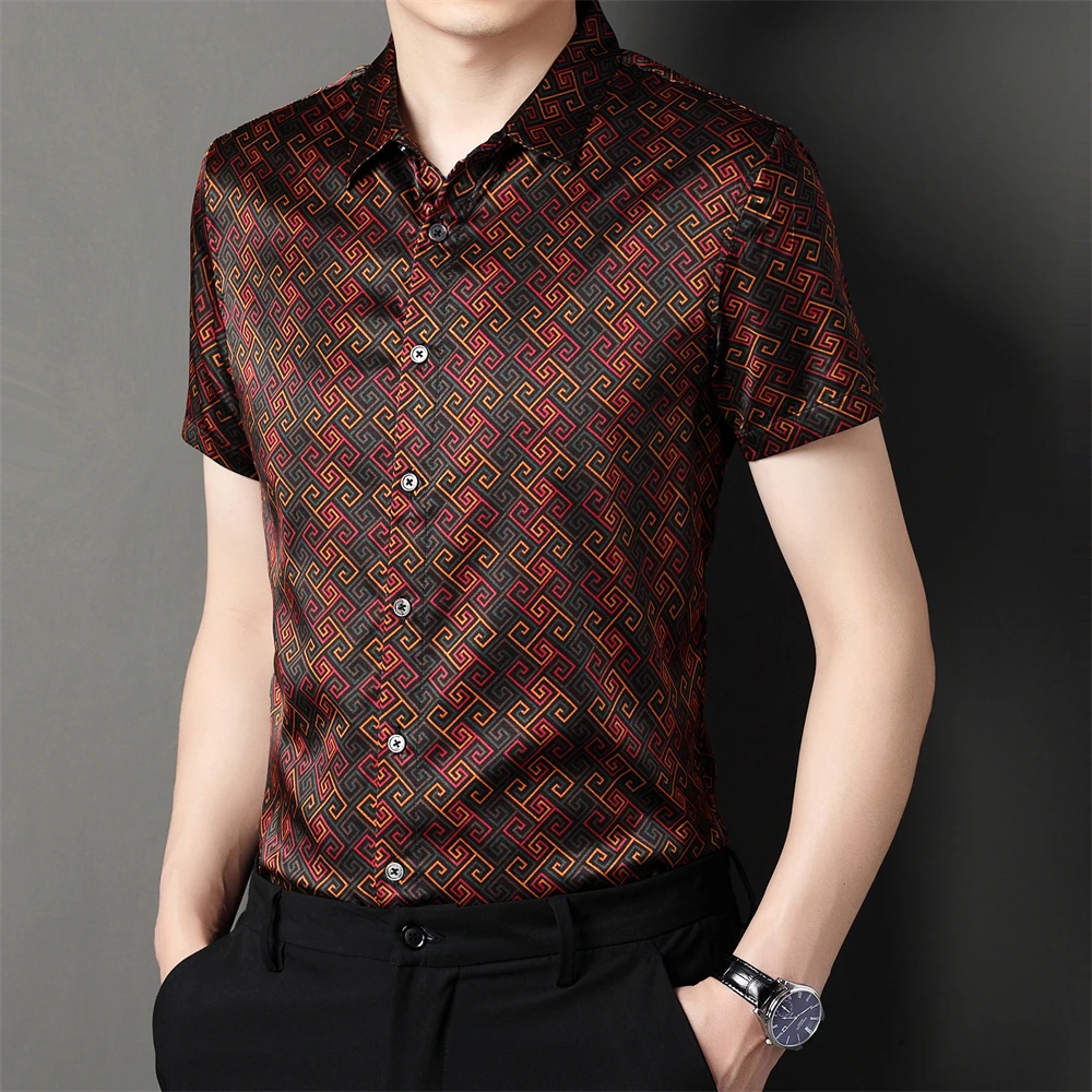 Echte Seide eisig cool Kleid Männer Shirt High-End Kurzarm lässig Sommer qualität glatt bequem bequem 3D-Druck Premium Chemise Homme