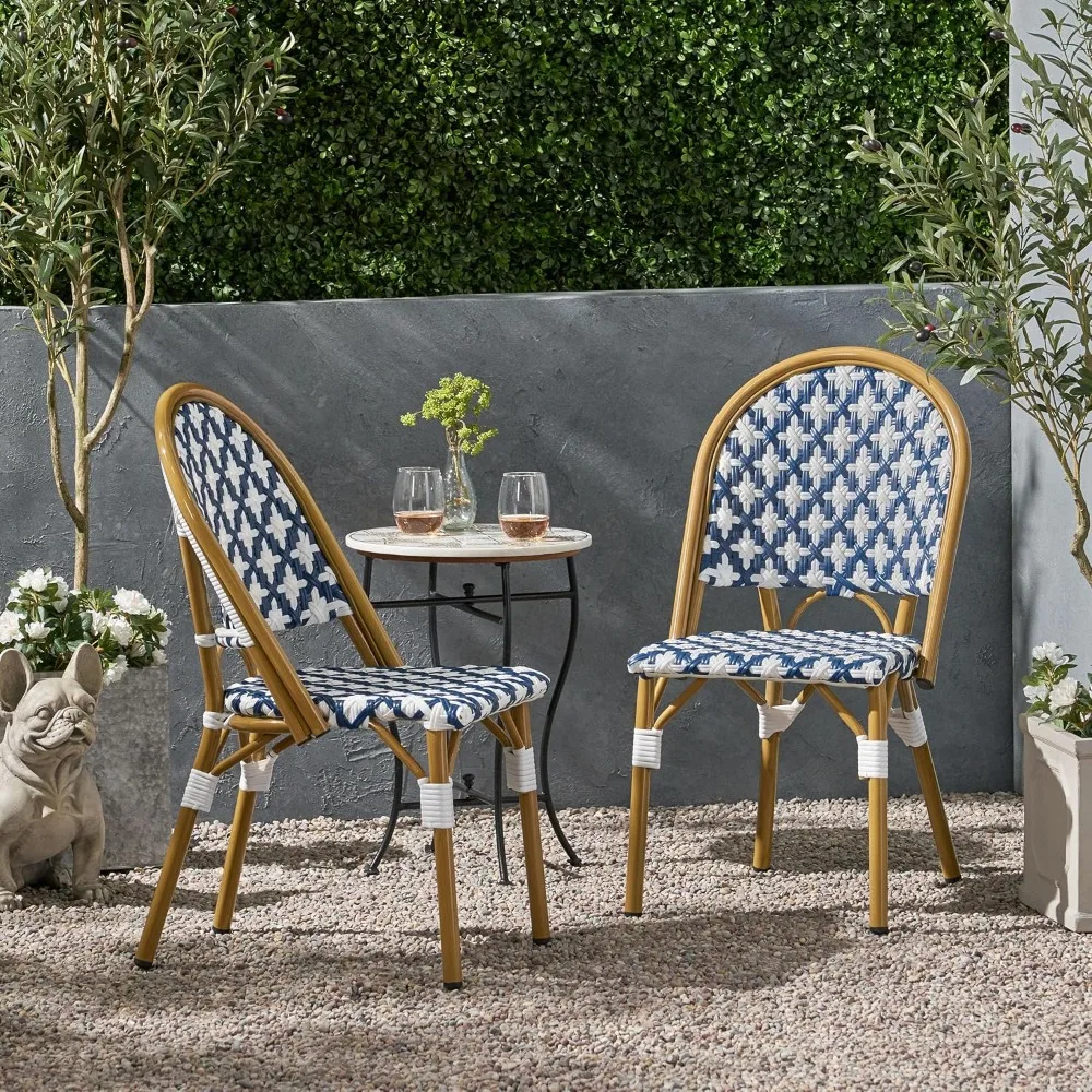 Outdoor Patio Chairs Set, French Cafe Style, PE Rattan Wicker, Aluminum Frame, Lightweight, Rust-Resistant, Navy White