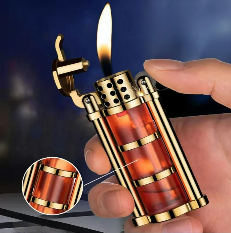 

Transparent Visible Gas Window Windproof Open Flame Butane Gas Lighter Classic Vintage Grinding Wheel Ignition Lighters Smoking