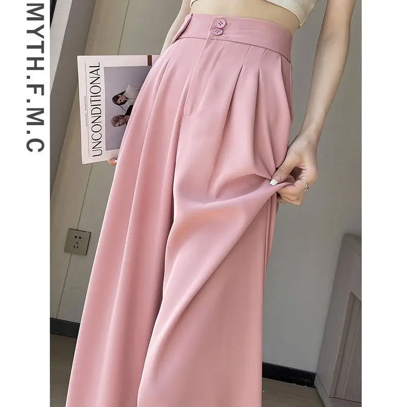 

Summer Thin & Pink Small Suit Pants for Women Spring and Autumn High Waist Straight Ice Silk Wide-Leg Pants Draping