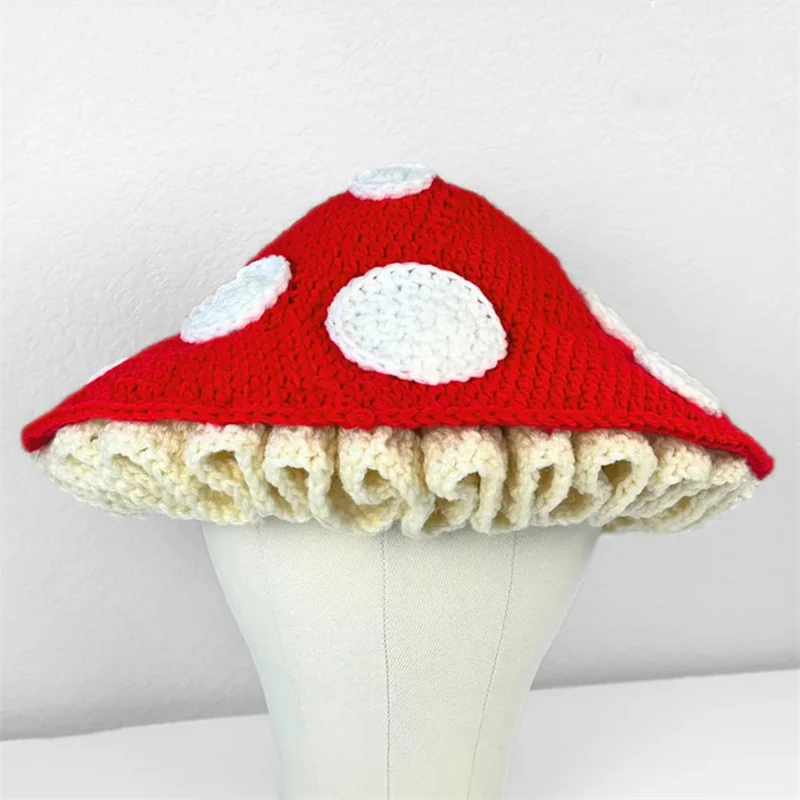 Handmade knitting  Cross-border hot sale Mushroom polka dot hat Girls Painter Hat Autumn Winter Bud Ladies Warm Beret Caps