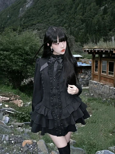 Imagen 2 del producto Minivestido gótico negro de encaje para mujer, ropa informal japonesa Y2K, vestido ajustado de Lolita para mujer, cuello redondo, manga larga, Vestidos picantes para niñas, nuevo