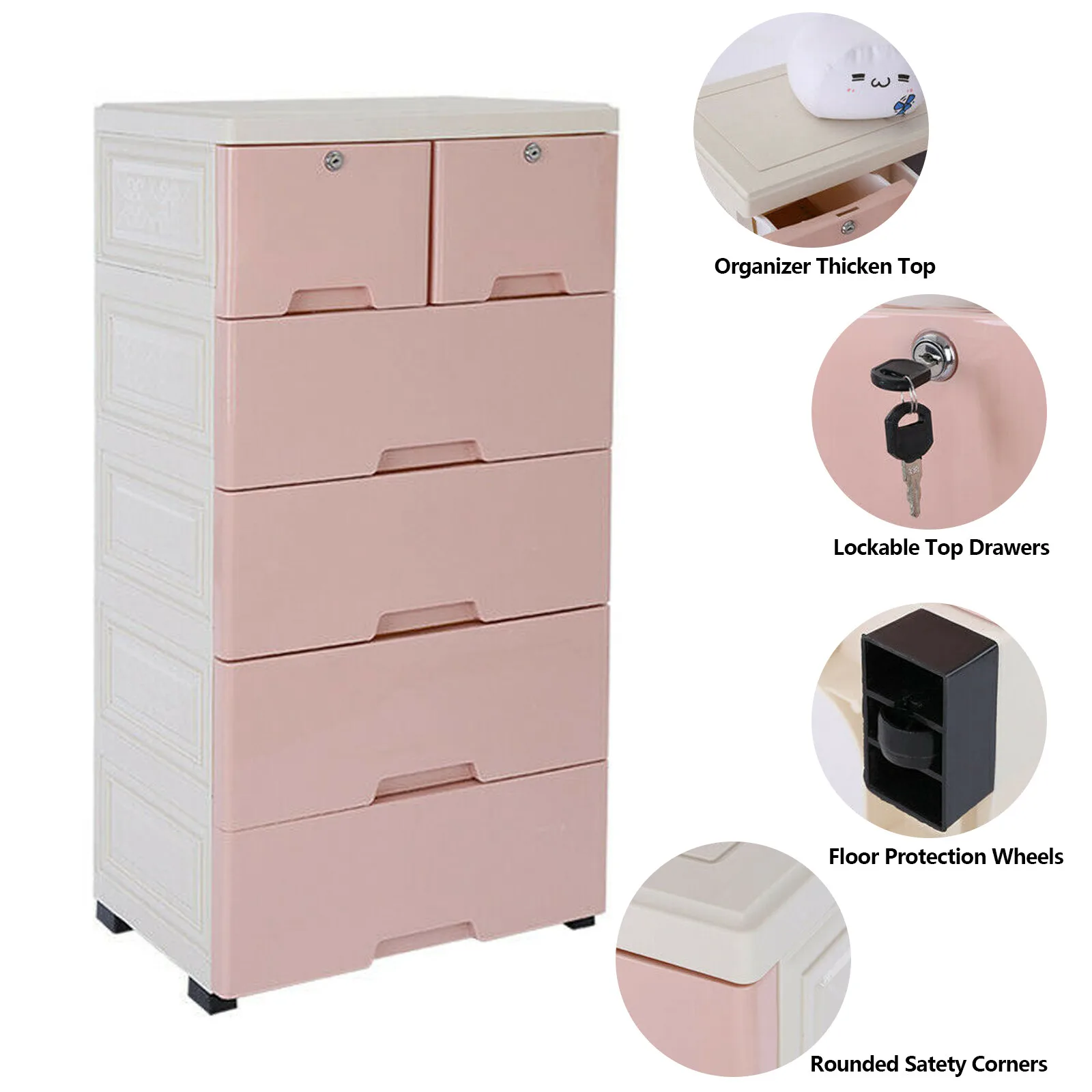 6 Drawers Pink Dresser Chest Tall Dresser Clothes Organizer Tower Cabinet NEW