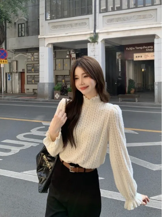 

Sweet Inner Shirt Women's Casual Bell Sleeve Half High Collar Spring New Korean Style Wooden Ear Casual Versatile Top