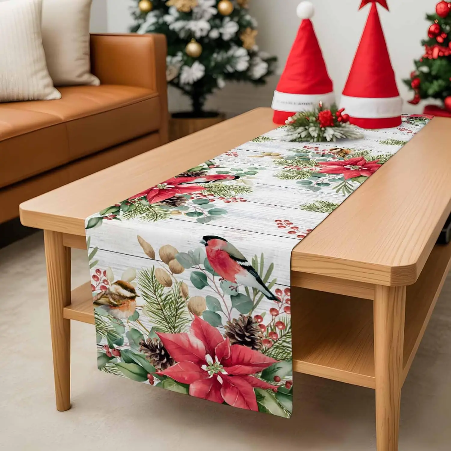 Christmas Poinsettia Berries Wood Grain Table Runner Party Decor Reusable Xmas Kitchen Dining Table Runner Christmas Decorations
