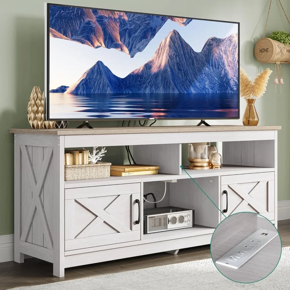 TV Stand for 65 60 Inch TV with Power Outlet, Farmhouse Entertainment Center with Storage Cabinets and Open Shelf, Rustic Media