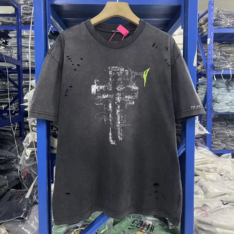 

Panq Space Blade Destroyed T Shirt Double Blur Cross Print Tee Men Women Vintage Washed Hole Damaged Short Sleeve T-shirt Tops