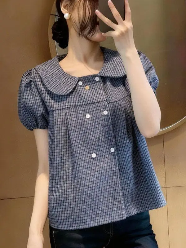 Loose Plaid Bubble Sleeve Doll Shirt Double Button Fat MM Summer Casual Shirt Lightweight Luxury Style Short Sleeve Women's B...