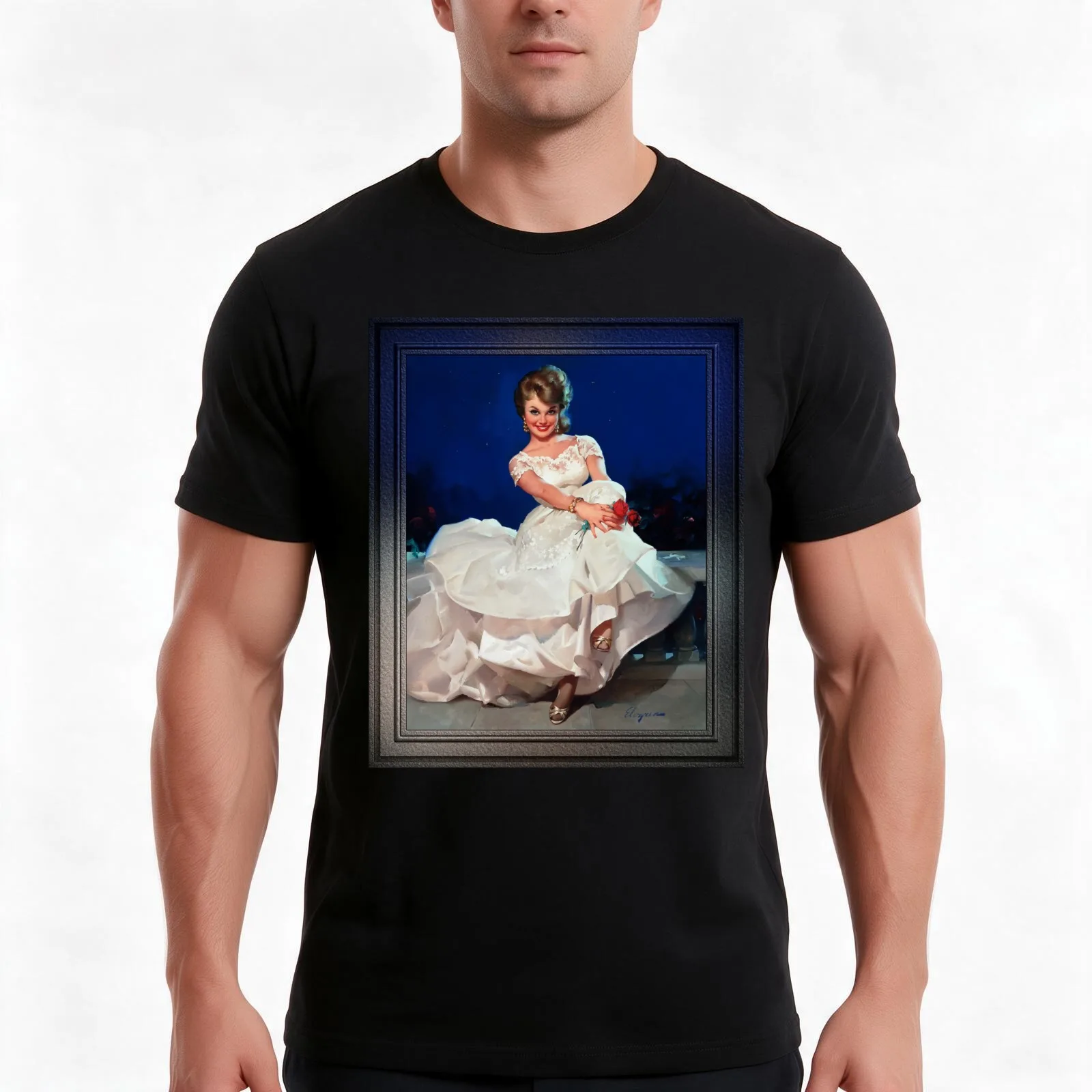 Moonlight and Roses by Gil Elvgren Vintage Wall Decor Xzendor7 Old Masters Art Reproductions T-Shirt, Summer Casual Cotton Tee