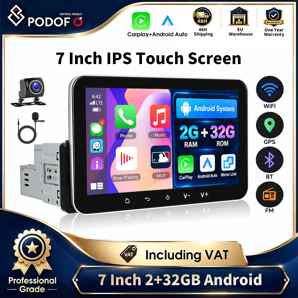 Autoradio Android 1 DIN Podofo, schermo touchscreen IPS HD 1080P da 7 pollici, 2 GB di RAM + 32 GB di memoria, navigazione GPS, WiFi, Bluetooth, FM, USB, lettore multimediale, CarPlay wireless,