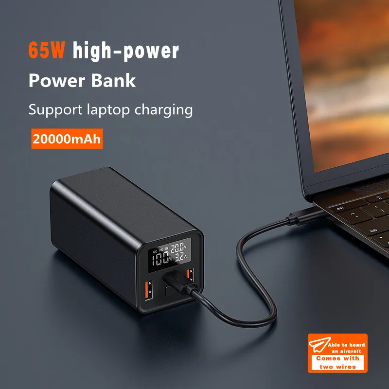 Portable Powerbank PD 65W 20000mAh with Digital Display External Battery Charger Super Fast Charging Metal Laptop Power Bank