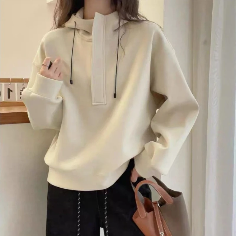 Women's Korean Autumn Solid Loose Hoodie Fleece Lined Casual Slimming Versatile Long Sleeve Top