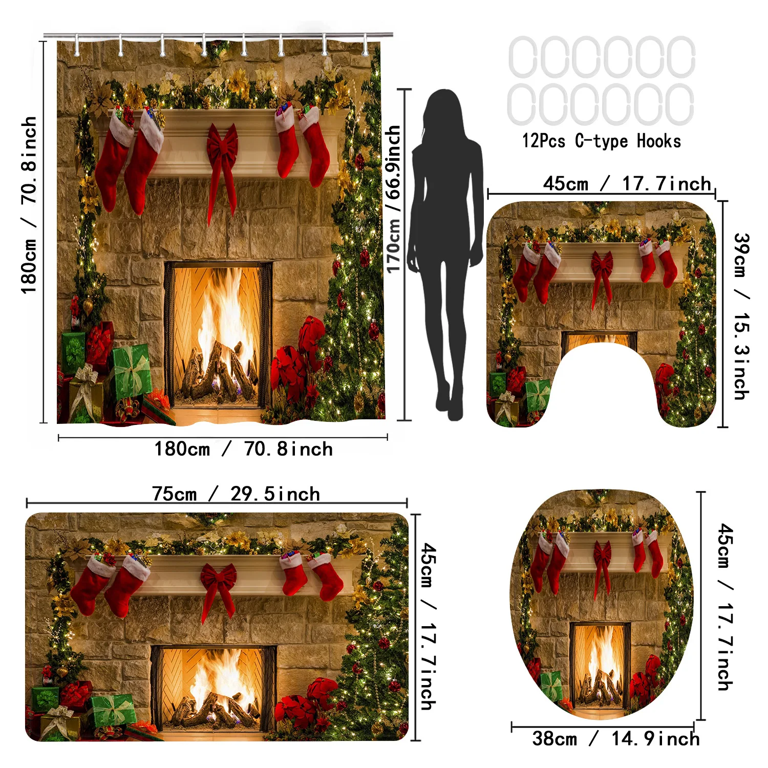 LVRLVR 4Pcs Christmas Bathroom Set Fireplace Stocking Pattern Bath Curtain + Toilet Mat Rug Set, 70.8x70.8 inch Polyester Shower Curtain Set with 12Pcs C-Type Hooks