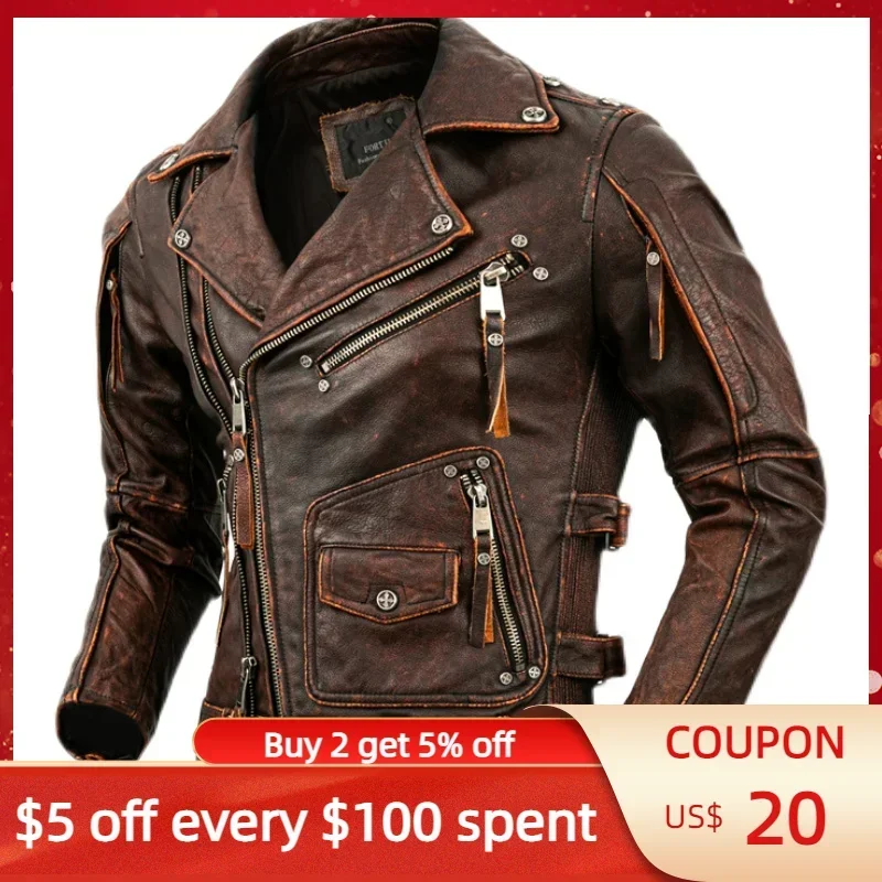 2024 Vintage Brown Genuine Leather Jacket Men Motocycle Style Plus Size 5XL Real Natural Cowhide Autumn Slim Fit Biker Coat