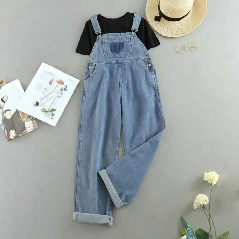 Denim Overalls for Women Loose Fit Classic Bib Casual Jean Denim Overall Jumpsuit Tapered Leg Jean Pants with Front Heart Pocket
