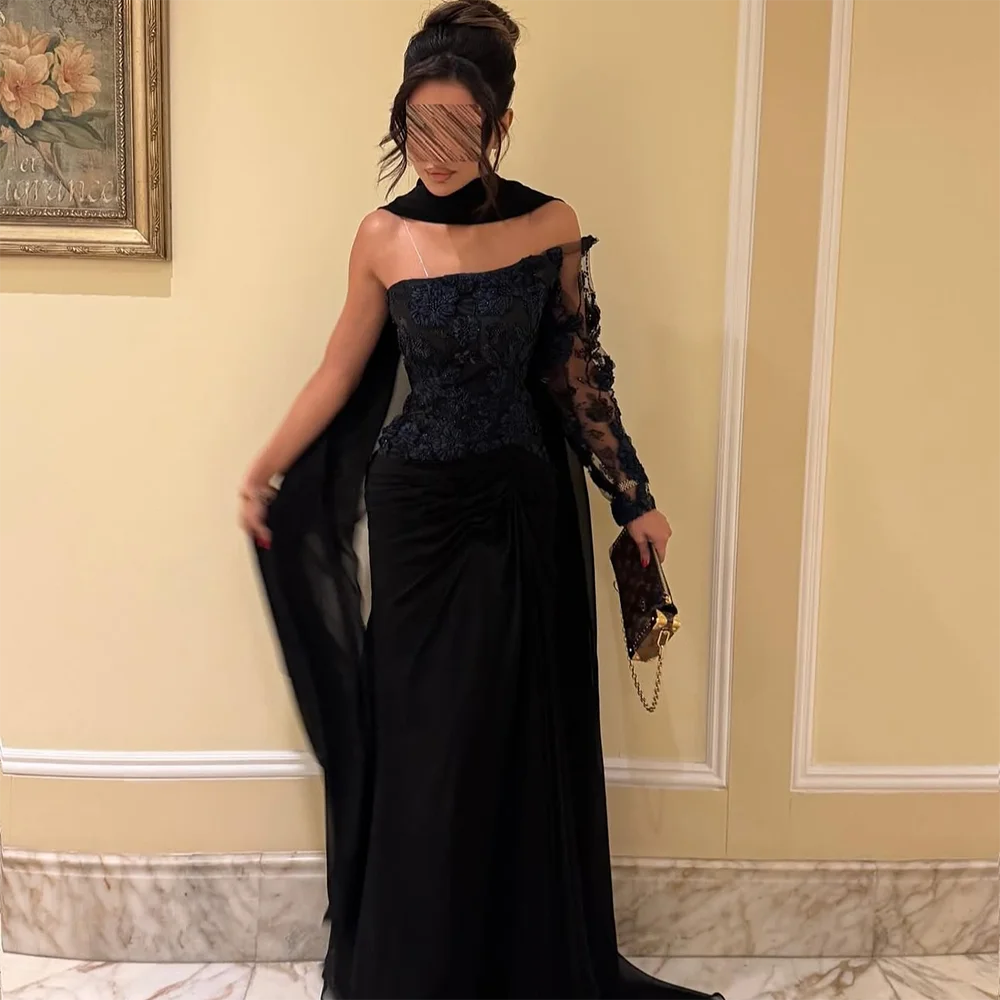 

Black Chiffon Customized Evening Dresses Strapless Long Sleeves Flowers Homecoming Dresses Ribbons Formal Occasion Gowns