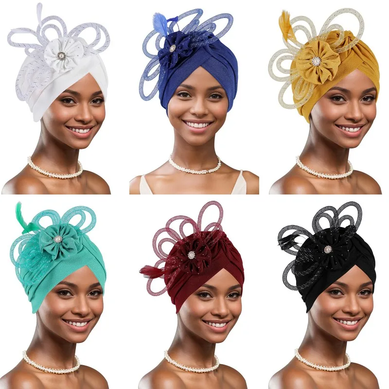 Luxury Pleated Turban Cap For Women Dinner Party Bonnets With Flower Diamond Headwear Beanies Wedding Hat Fashion Head Scarf