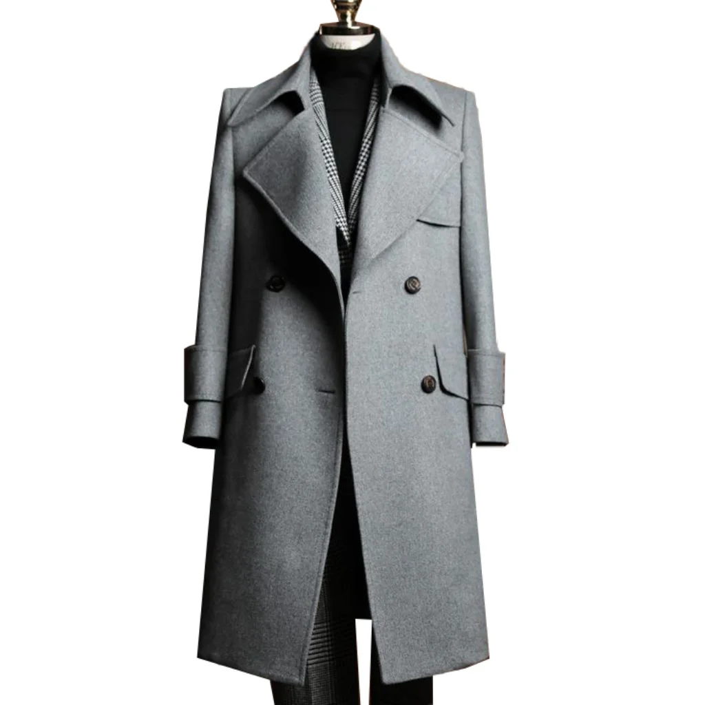 Fashion Grey Woolen Blend Coat Men Over Jacket Overcoat Double Breasted Long Plus Size Warm Formal Business Costume Customized