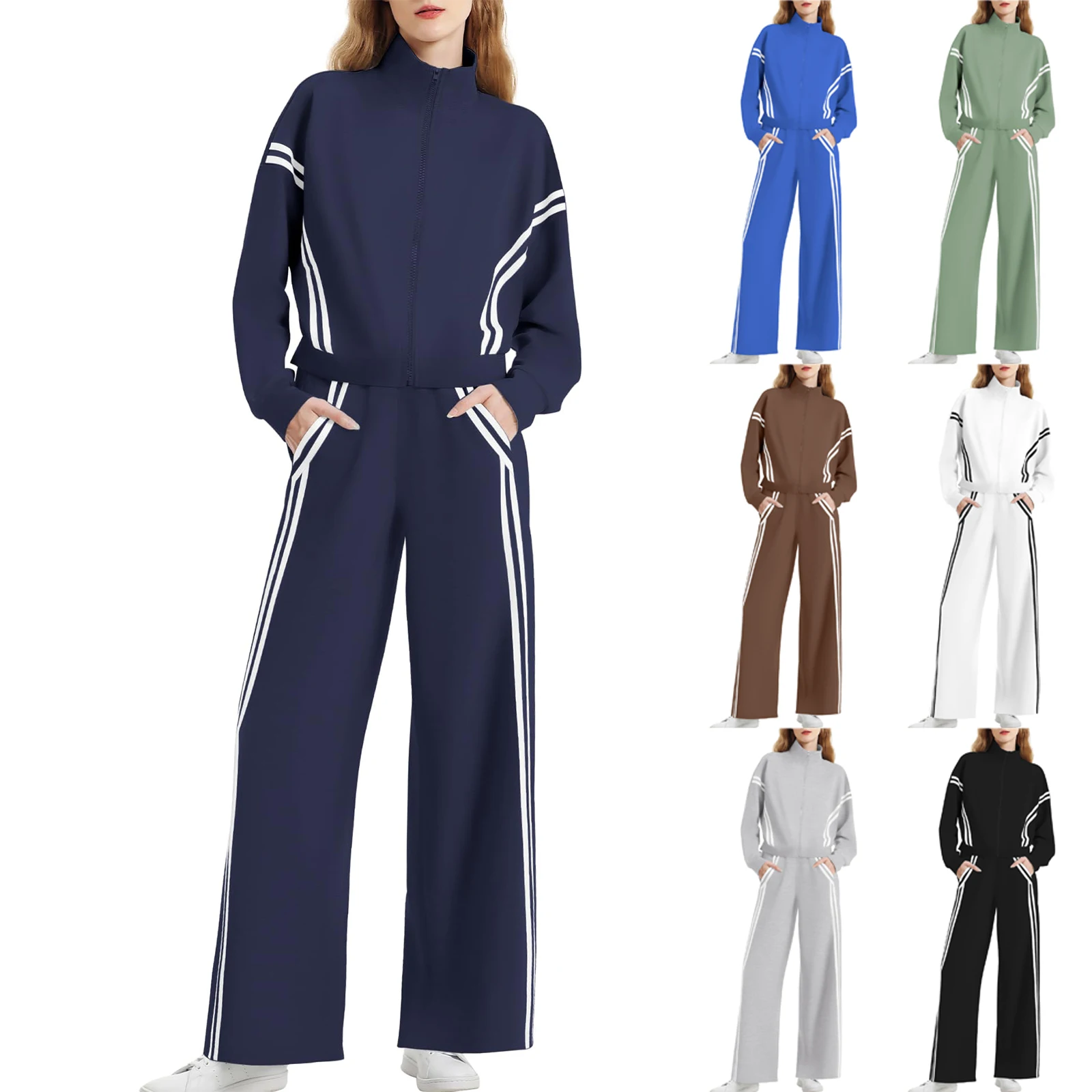 

Female Simple Fashion Solid Color Long Sleeved Zipper Coat and Elastic Waist Pocket Pants Casual Sports Comfy Two-piece Set
