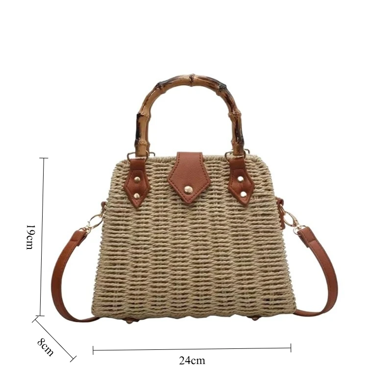 Women's Woven Straw Shoulder Bag with Bamboo Handle Vintage Convertible Crossbody Beach Summer Boho Daily