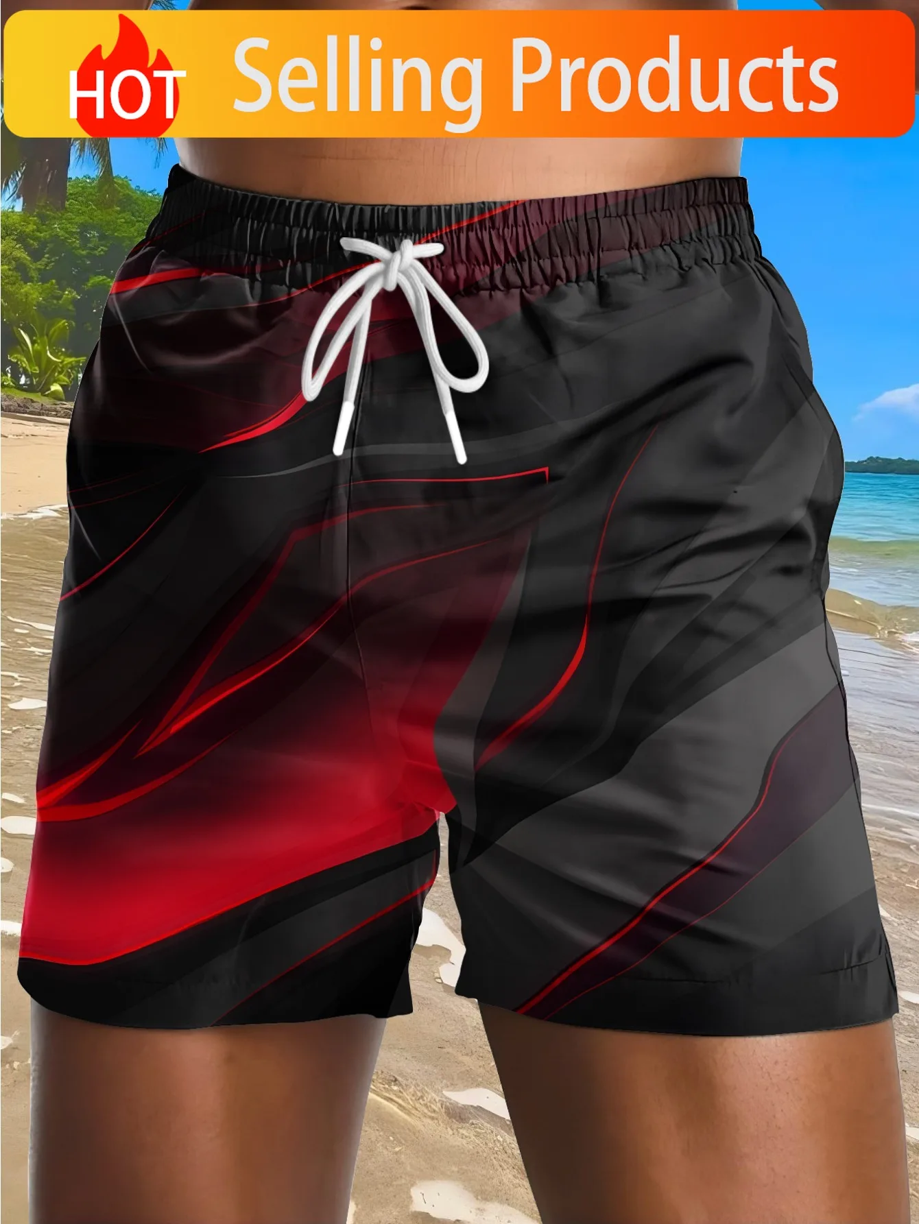 Summer Men's Shorts: Flame Glow Print Beach Pants Featuring a Red-black Gradient with Shimmering Lines. Eye-catching Drawstring
