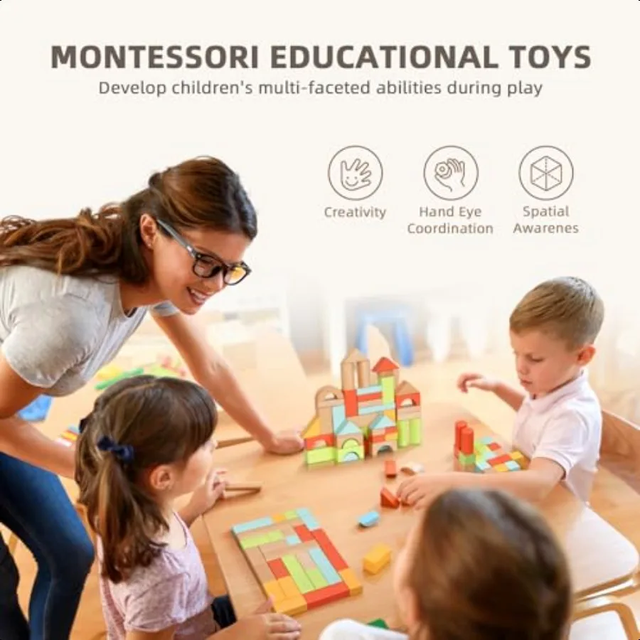 100 stks Bouwstenen voor Peuters 13 Houten Blokken voor met Opslag Emmer en Vorm Sorter Deksel Montori Speelgoed voor 1 2 3 Jaar O