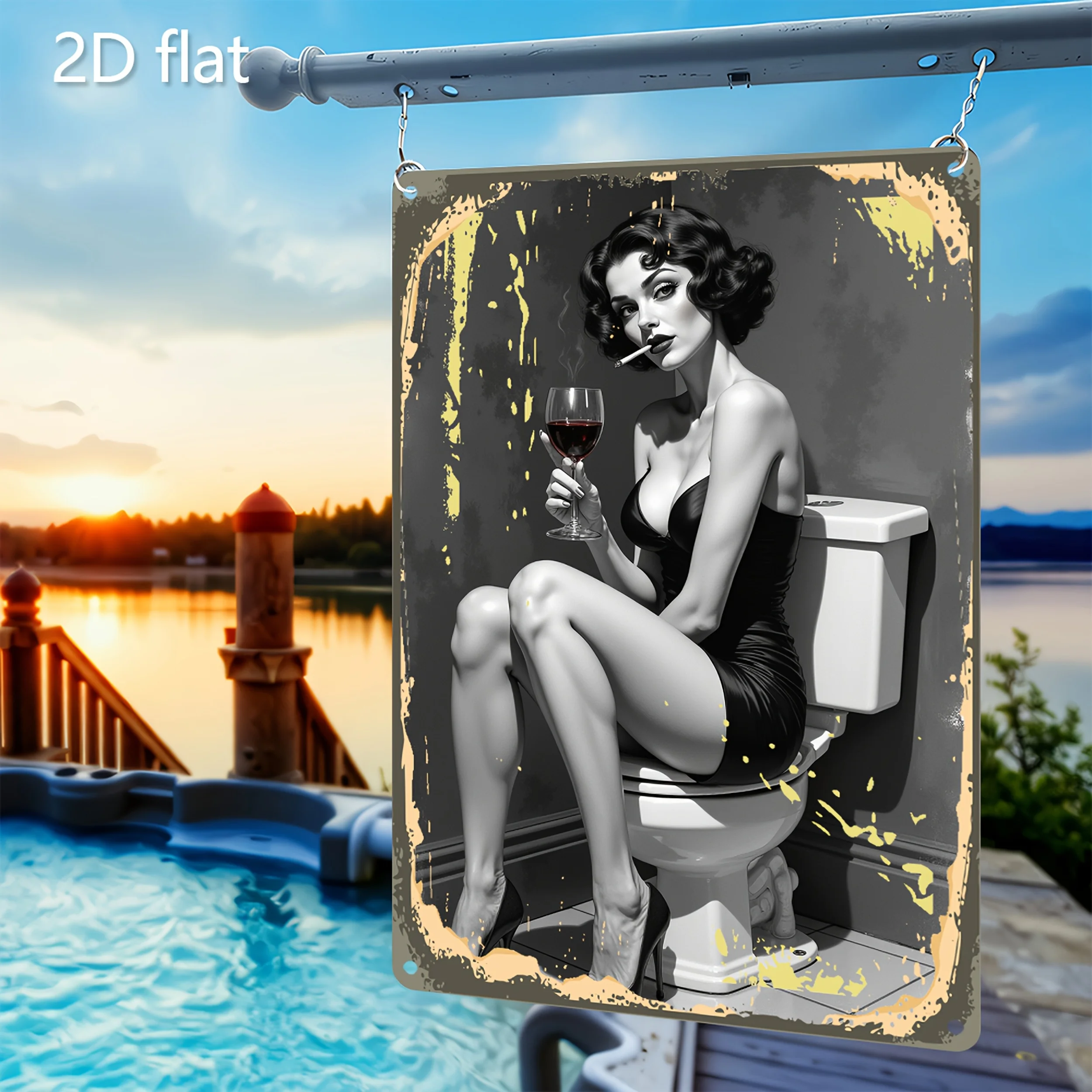 Vintage-Metallblechschild, Wandkunst – Retro-Toilettenszene mit eleganter Dame und Wein, humorvolle Badezimmerdekoration, rustikal für drinnen und draußen