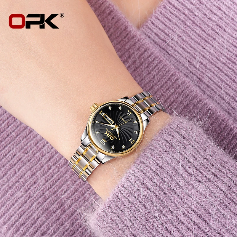 OPK Fashion Diamond Quartz Couples Watches Week Stainless Steel Waterproof Watch Luminous Couple Luxury Wristwatches