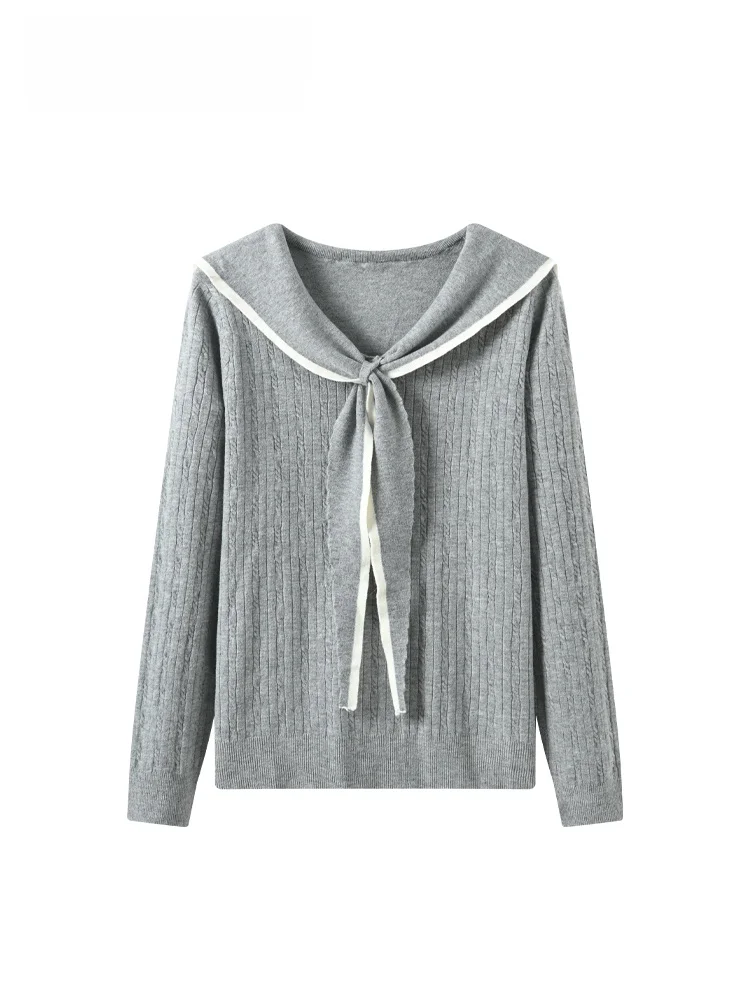 

Faionable Large Size Women's Knitted Long Sve Navy Collar Top Autumn New Sle College Sle Top for Plump Sister