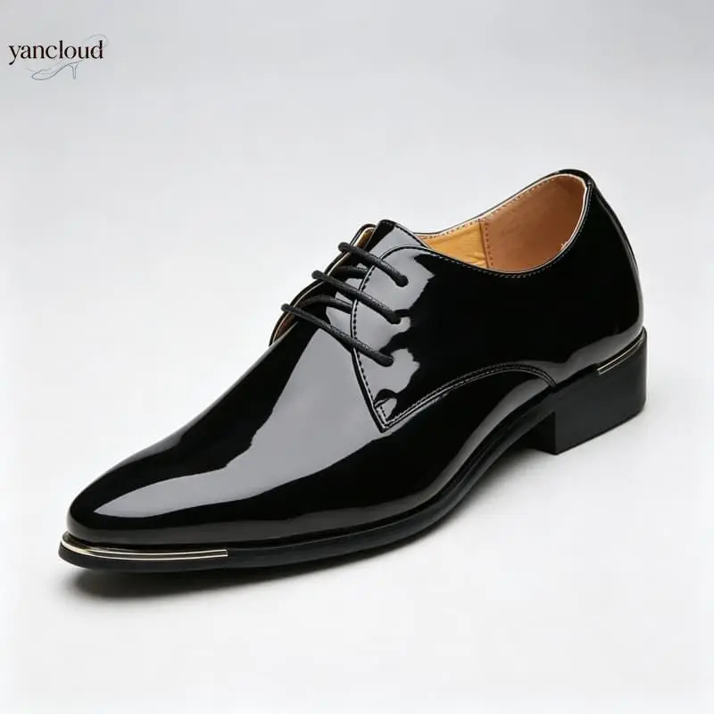 Plus Size 38-48 Retro Men's Pointed Toe Formal Dress Shoes Square Heel 2026 Fall Patent Leather Shoes Decent for Office Wedding