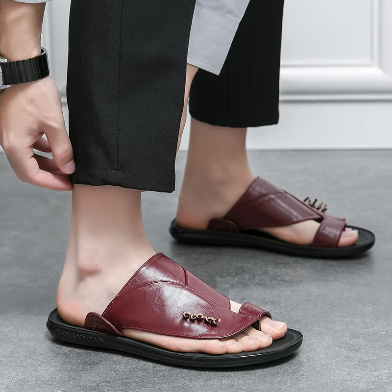 Summer Toe Sandals Genuine Leather Men Slippers Men Shoes 2023 New Slip on Casual Shoes Outdoor Mens Slides Comfy Beach Sandals