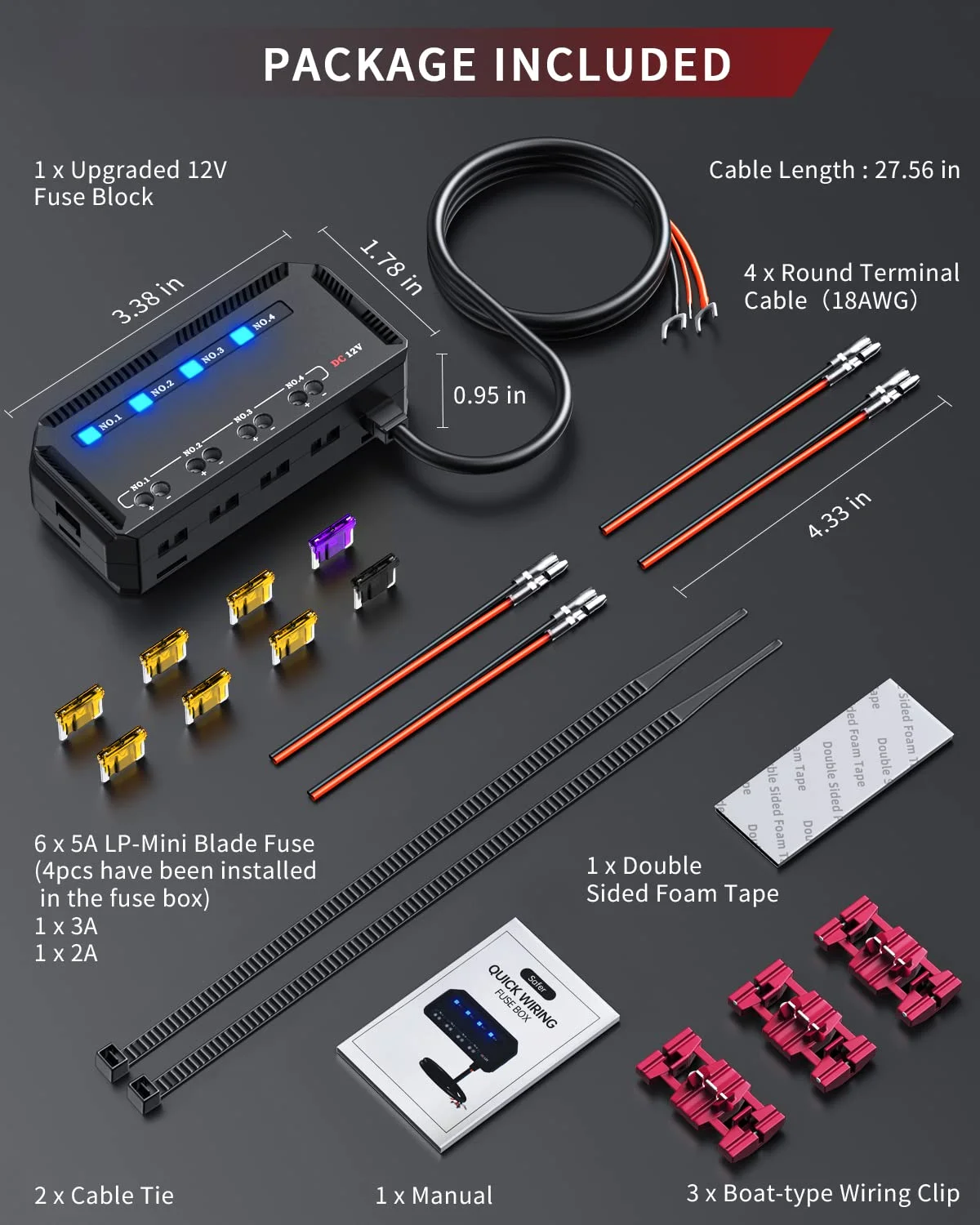 Anchtek 12V Motorcycle Fuse Box Universal Automotive Fuse Block with 4 Circuits Low Profile Mini Blade LED Indicator Fuse Holder