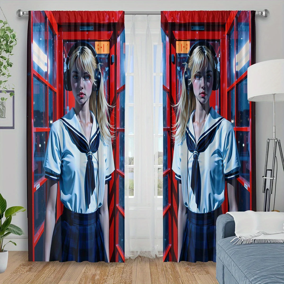3D Girl Curtain, Red Phone Booth Print Drapes, Sailor Uniform Window Curtains, Bedroom Living Room Decor